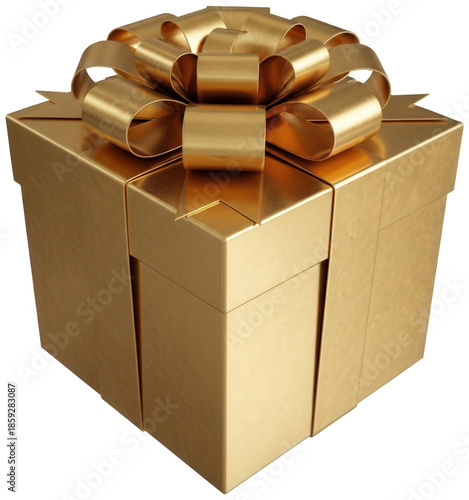 Elegant gold gift box with a golden ribbon and bow isolated on a transparent background for celebrations