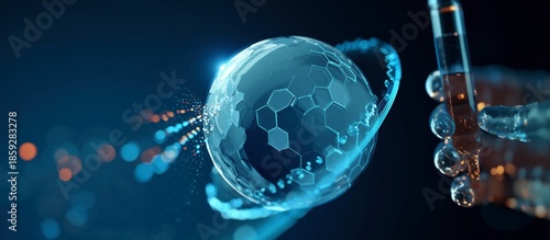 Futuristic Biotechnology Research Laboratory, Global Pharmaceutical Science Discovery, Digital Molecular Globe Structure, Blue Glowing Pipette Liquid Test Tube, Advanced Medical Innovation Copy Space