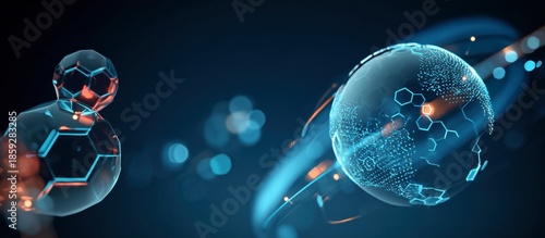 Abstract Technology Background, Blue 3D Spheres, Digital Network Connection, Global Science Concept, Molecular Hexagon Structure, Futuristic Innovation, Smart Data, Panoramic Banner, Copy Space
