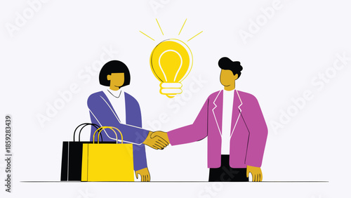 Vector illustration of two people shaking hands with a lightbulb and shopping bags representing business partnership and innovative ideas