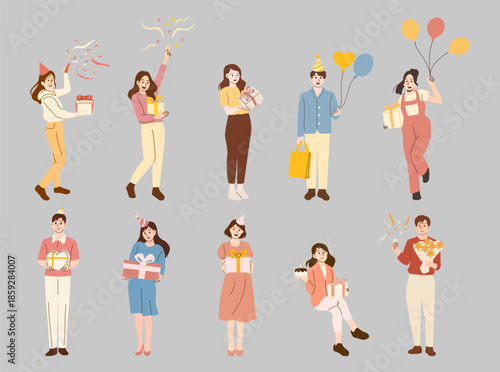 Happy People Celebrating with Balloon and Gift Collection