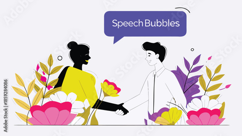 Handshake in a modern city rooftop garden with woman and man surrounded by colorful flowers and leaves