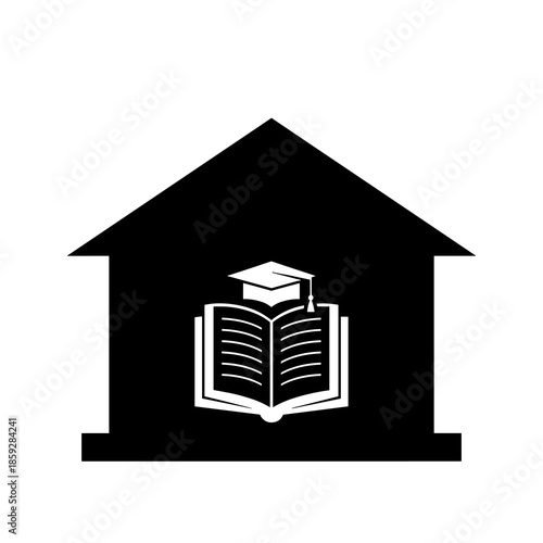 A sleek, black silhouette of a house with a white open book and graduation cap inside, symbolizing home education and academic achievement.