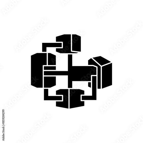 A sleek black icon illustrates a complex, interconnected system of abstract geometric shapes, symbolizing data flow, network architecture, or technological innovation.
