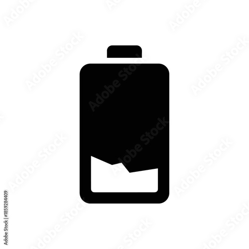 A black silhouette of a battery icon with a low charge indicator, symbolizing power depletion and energy deficiency.