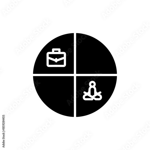 A minimalist black and white icon depicts a circular diagram divided into four quadrants, representing a balanced approach to life with elements of work and relaxation.