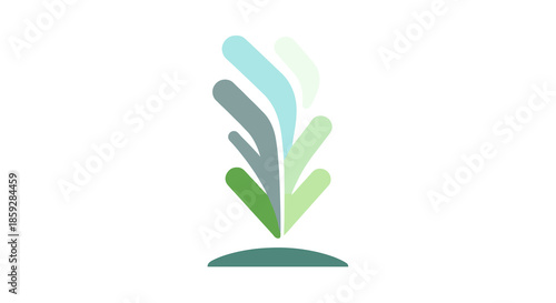 A vibrant, abstract illustration featuring a stylized plant or fountain design with flowing, organic shapes in various shades of green and blue, symbolizing growth, nature, and refreshment.