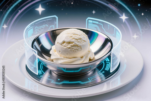 A scoop of white vanilla ice cream in a metallic silver bowl surrounded by blue digital holographic screens and a glowing starry background.