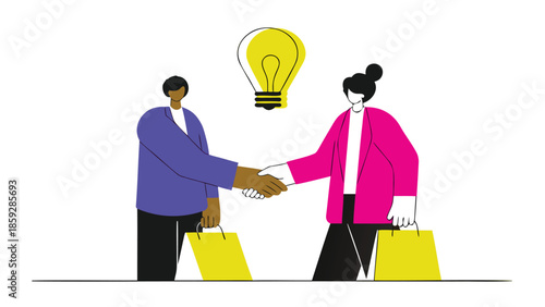 Two business people shaking hands in a friendly manner with a lightbulb above them symbolizing partnership and innovation