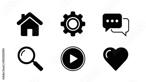 Black and white icons representing home settings message play search and love