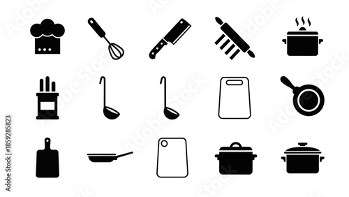 Black and white kitchen utensils and cookware icons on white background