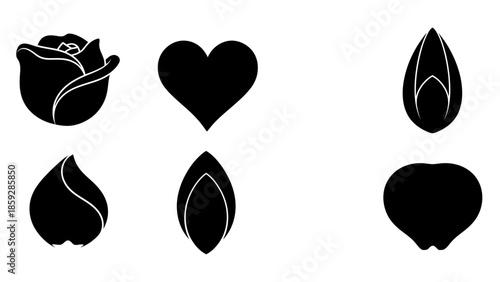 Black and white vector graphic of flowers heart and petal shapes