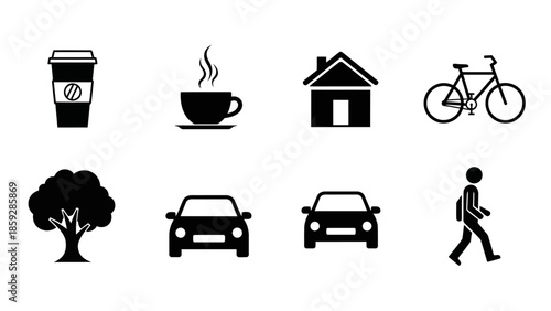 Black and white vector icons representing everyday objects and activities