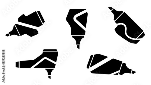 Black and white vector illustrations of various highlighter pen designs