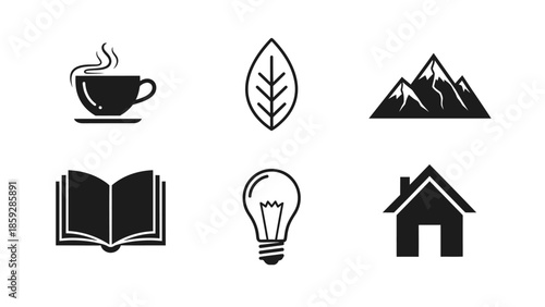 Black and white vector icons set representing nature and home elements
