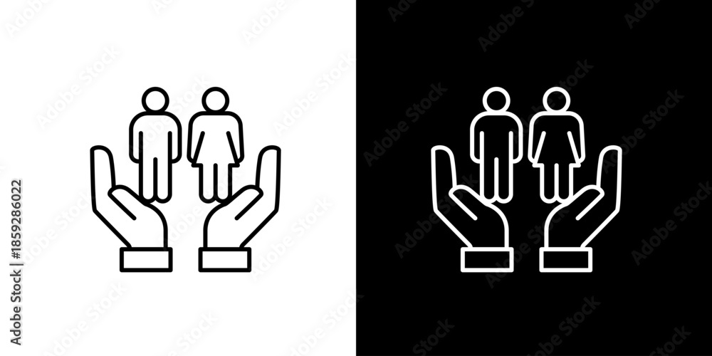 Obraz premium Two people icons in hands on black and white background
