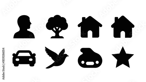 Black silhouette icons of human tree house car dove star and more on white
