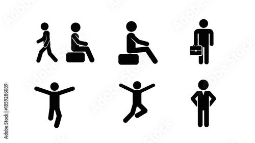 Black stick figure icons depicting various actions and poses for design projects