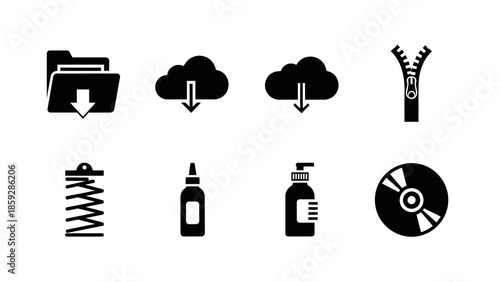 Collection of black and white icons representing digital concepts