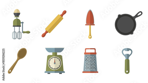 Collection of kitchen tools isolated on white background for culinary concepts