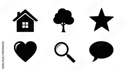 Collection of simple black vector icons representing common symbols and elements