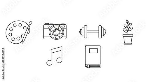 Collection of outline style icons depicting art photography and fitness symbols
