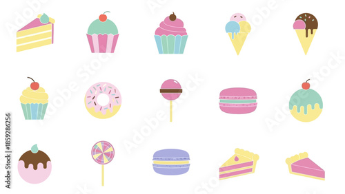Colorful dessert icons cake cupcake ice cream macaron lollipop and donut