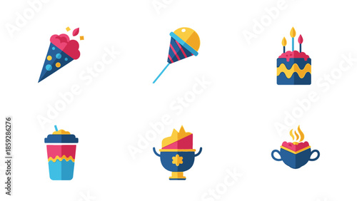 Colorful flat icons of festive food and drinks isolated on white