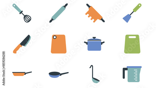 Colorful kitchen utensil icons for cooking and baking projects illustration