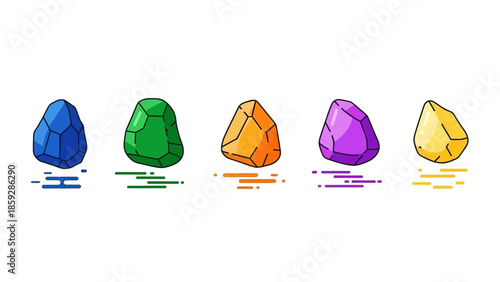 Colorful geometric gemstones illustration on white background
