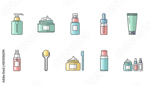 Cosmetic products illustration set with skincare bottles and cream jars