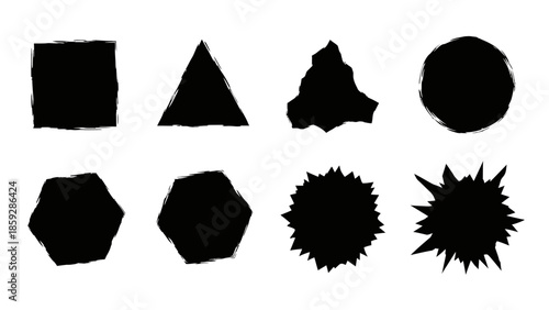 Geometric shapes black silhouettes with rough edges for design elements
