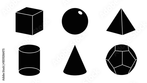 Geometric shapes illustrations of cube sphere pyramid cylinder cone and dodecahedron