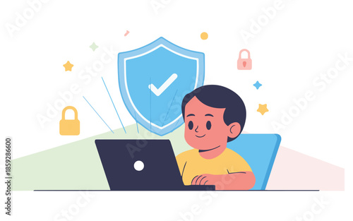 Happy child using laptop with secure shield protection online