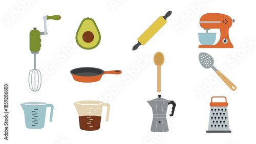 Illustrated kitchen tools and food items on a white background design