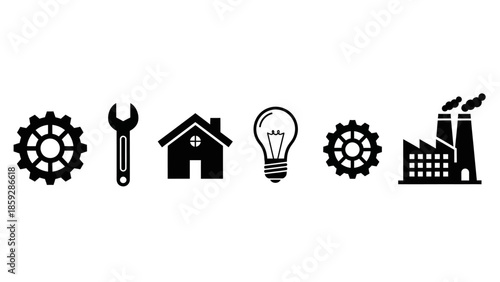 Industrial icons set gear wrench house light bulb factory isolated symbols