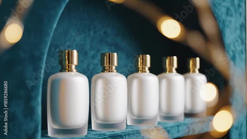 Displaying Row of Perfume Bottles With Gold Accents Against Blue Backdrop
