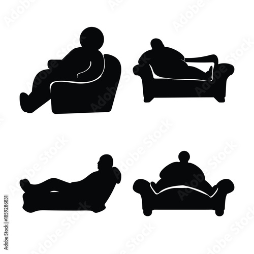 Overweight people relaxing on couches and chairs silhouette set Vector