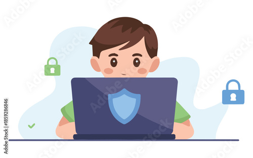 Boy using laptop with security shield and locks for safe browsing