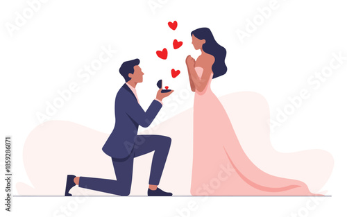 Romantic marriage proposal with hearts and elegant couple in love