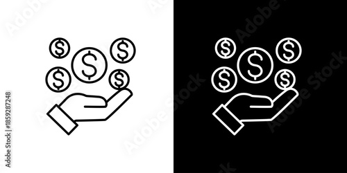 Icon of a hand holding coins, symbolizing financial gain or investment, presented in both black and white