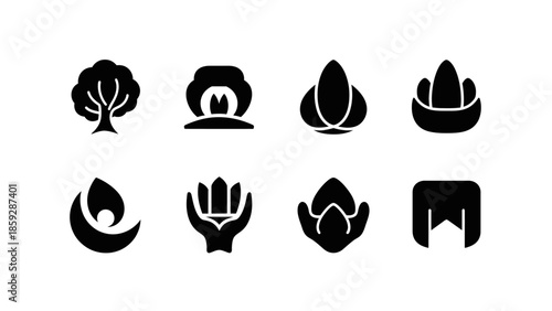 Set of eight abstract black icons representing nature related elements
