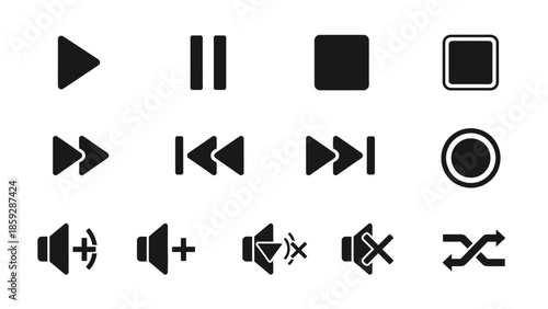 Set of multimedia control icons in black on a white background