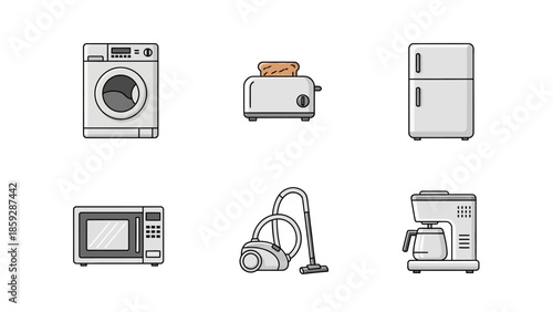 Set of modern household appliances isolated on white background