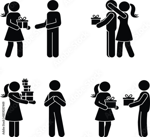 People giving and receiving gifts in various scenarios