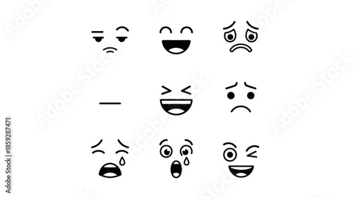 Set of simple line art emoji expressions for graphic design elements