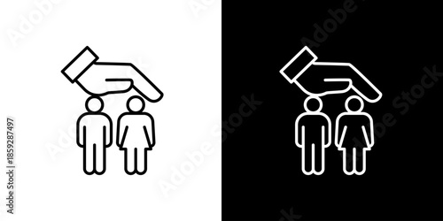Icon llustration of a hand protecting two people, symbolizing protection and care