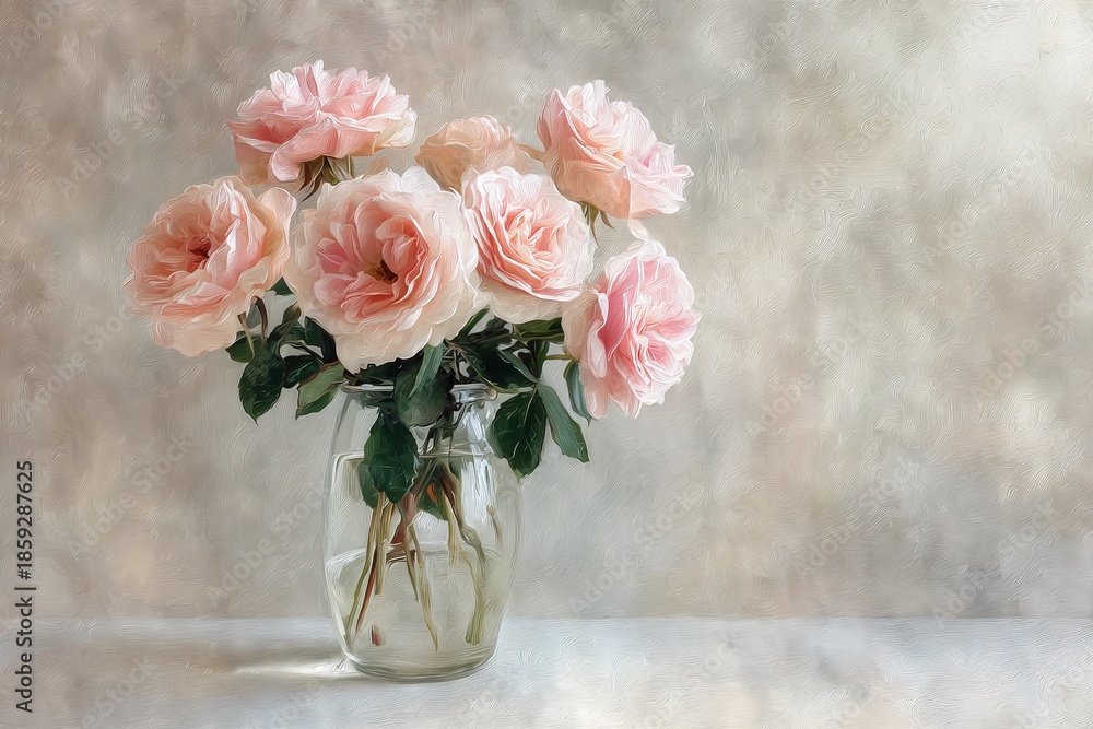 Fototapeta premium Pink roses in glass vase against soft painted background