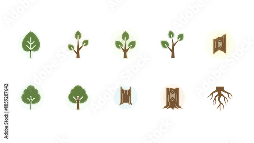 Stylized vector illustrations of green leaves and tree elements on white