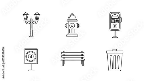 Urban icons collection street lamp fire hydrant parking meter trash bin